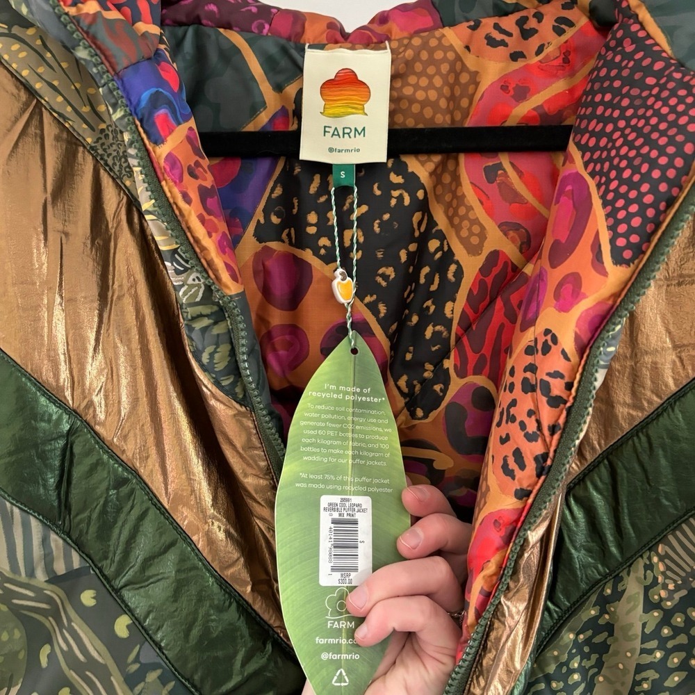 FARM Rio Green Cool Hooded Metallic Reversible Puffer Jacket Sz Small NWT - Picture 4 of 9